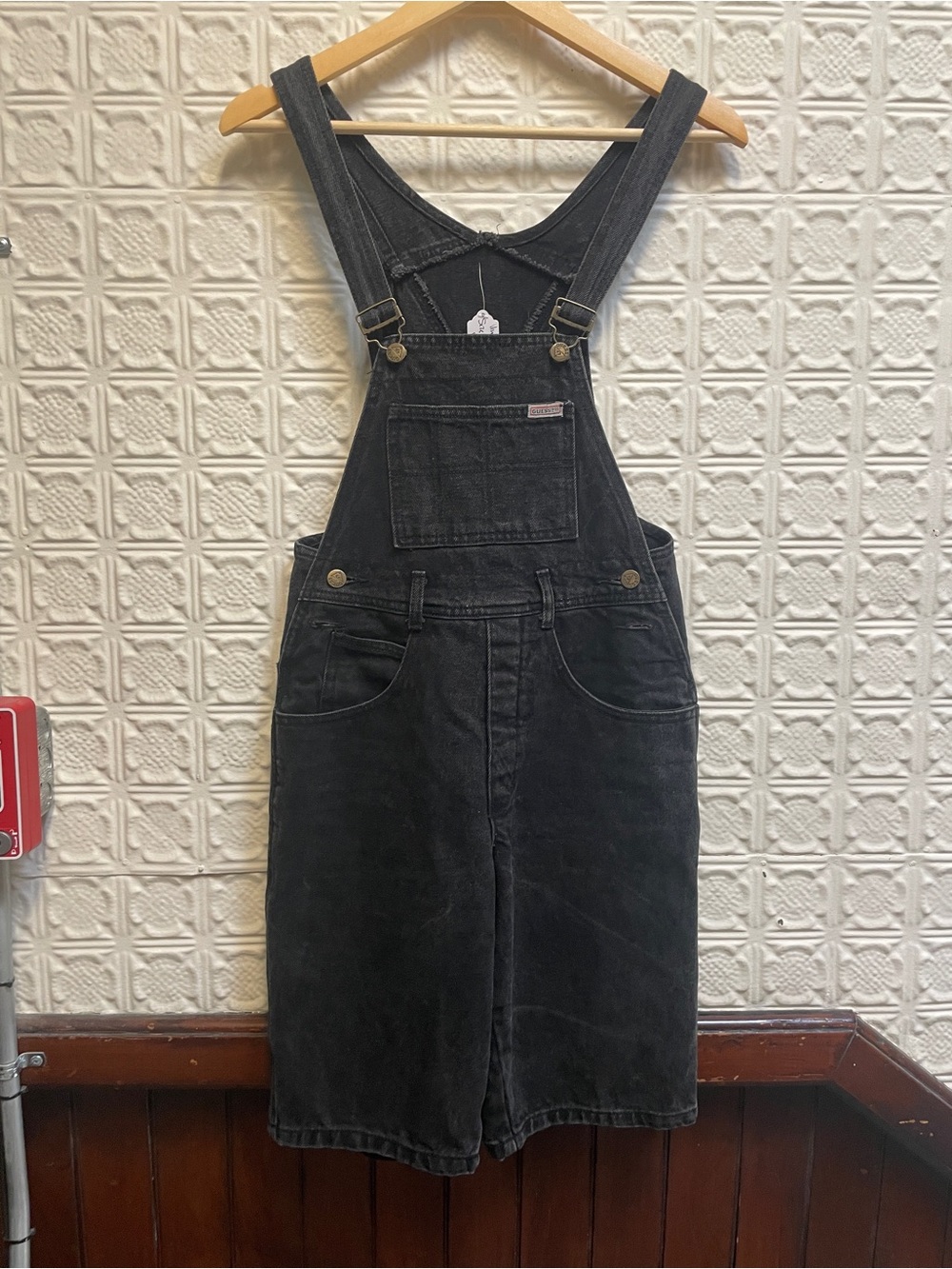 Vintage Guess Black Denim Women’s Overall Shorts - Classic Workwear Style